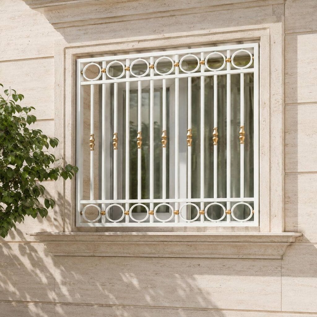 خرید حفاظ پنجره سفید طلایی نمای سنگ با اندازه‌گیری دقیق دهانه